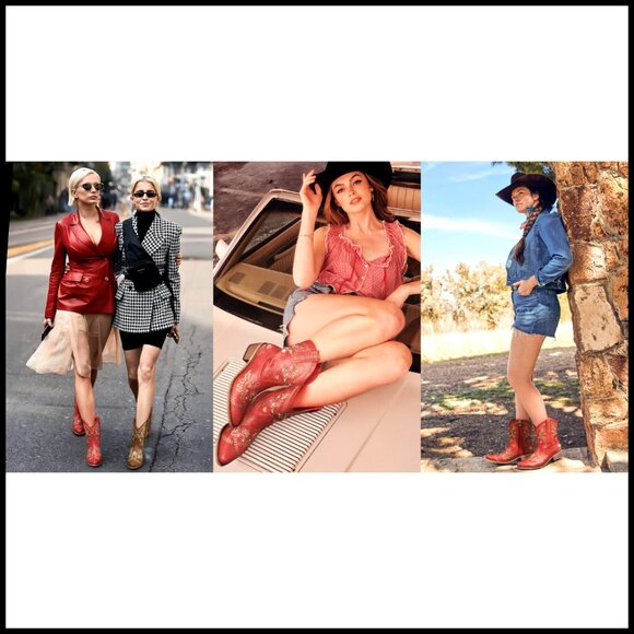 Women's Western Cowboy Boots Rhinestone Embroidered Ankle Booties Chunky Heel - Picture 6 of 7